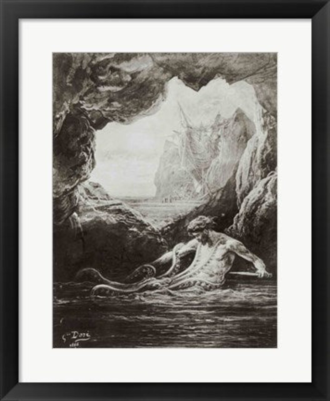 Framed Art Gilliatt struggles with the giant octopus by Gustave Dore Wall Decor 18x24 Artwork